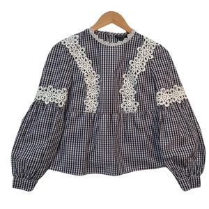 Topshop Gingham Lace Bishop Sleeve Cottagecore Crop Top Size 4